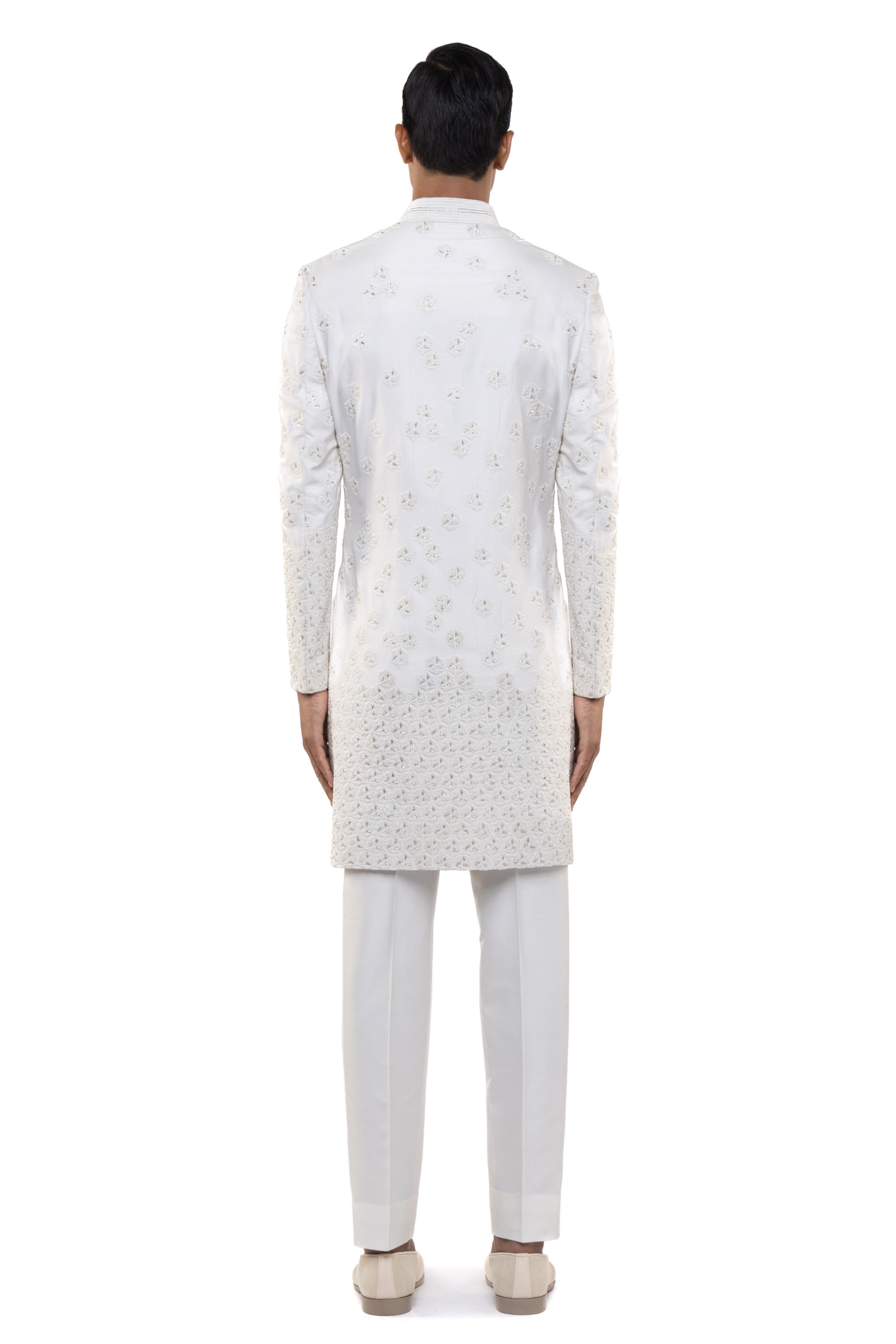 White Silk Abstract Geometrical Embroidery Sherwani Set