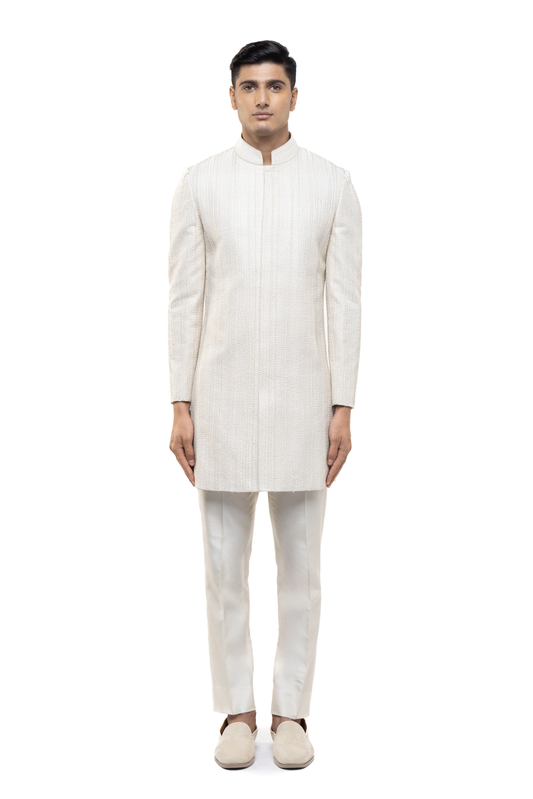 White Silk Stitchline Embroidered Sherwani Set