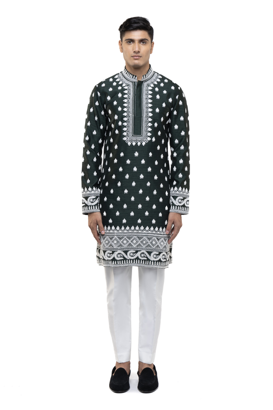 Green & White Dori Embroidery Kurta Set