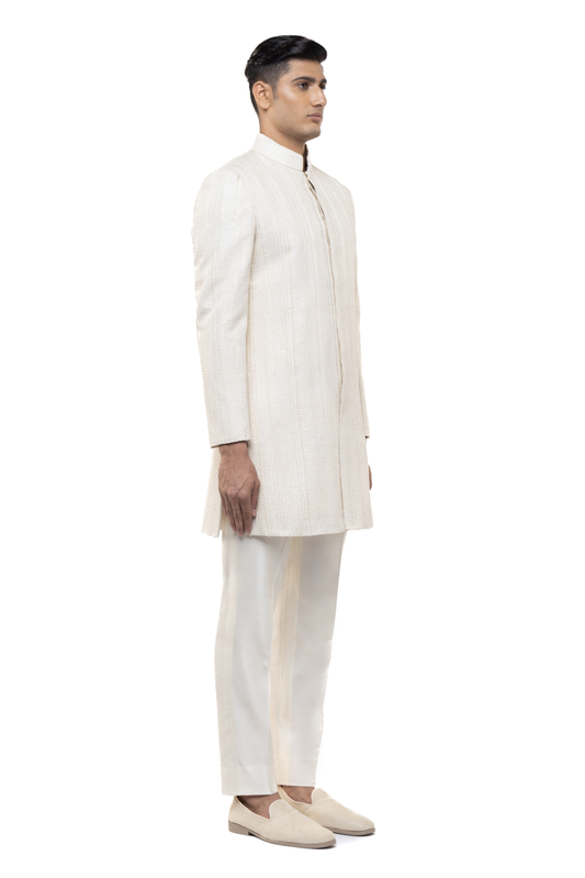 White Silk Stitchline Embroidered Sherwani Set