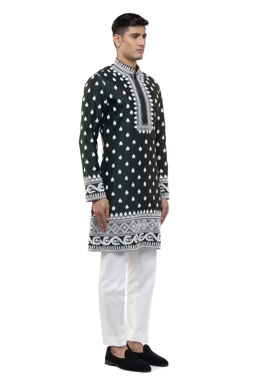 Green & White Dori Embroidery Kurta Set