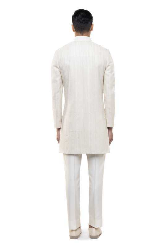 White Silk Stitchline Embroidered Sherwani Set