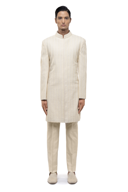 Off-White Silk Stitchline Embroidered Sherwani Set