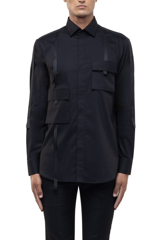 Black Cotton Shirt with Flap Pockets & Twill Accents