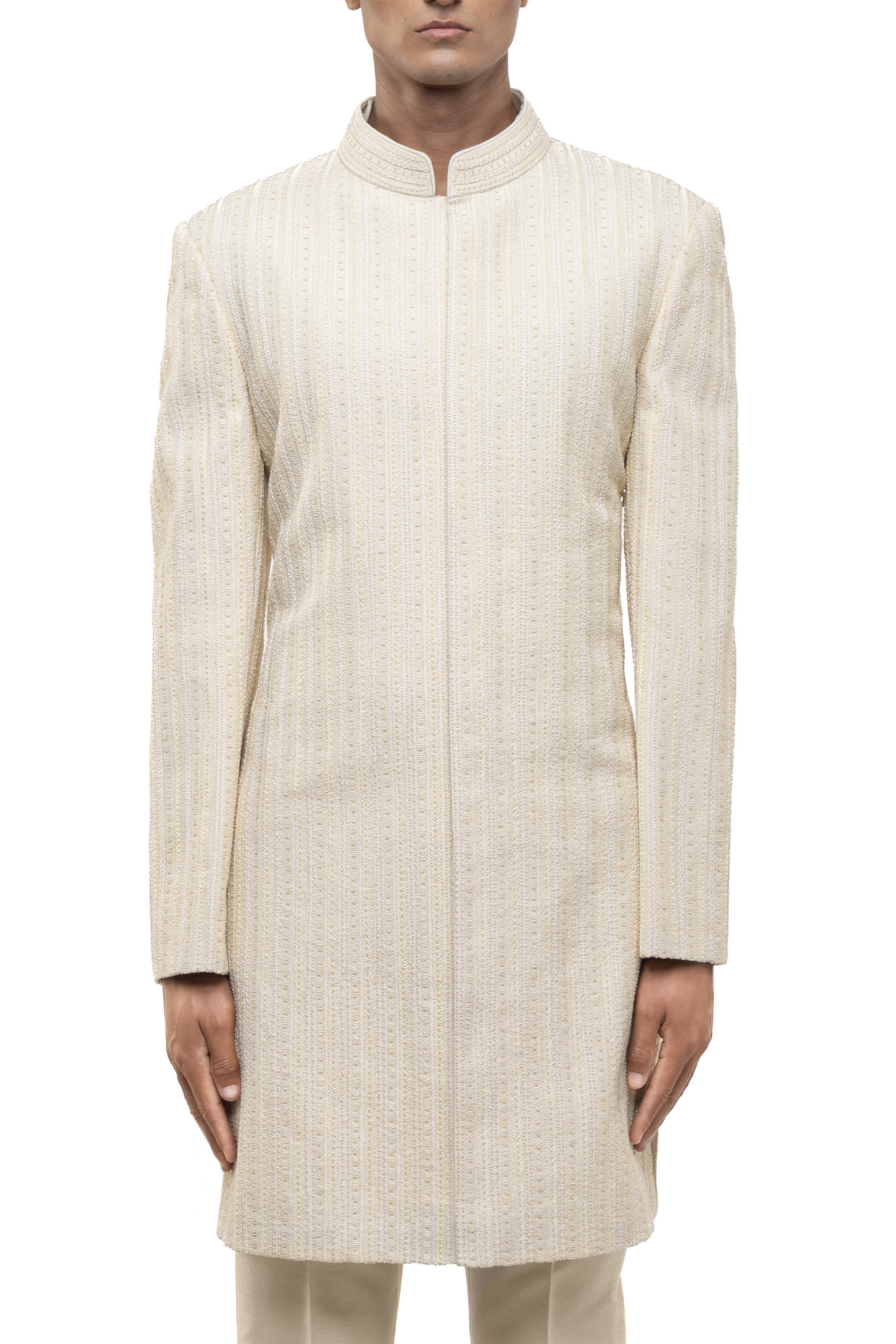 Off-White Silk Stitchline Embroidered Sherwani Set