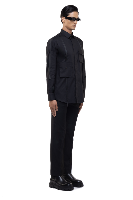 Black Cotton Shirt with Flap Pockets & Twill Accents