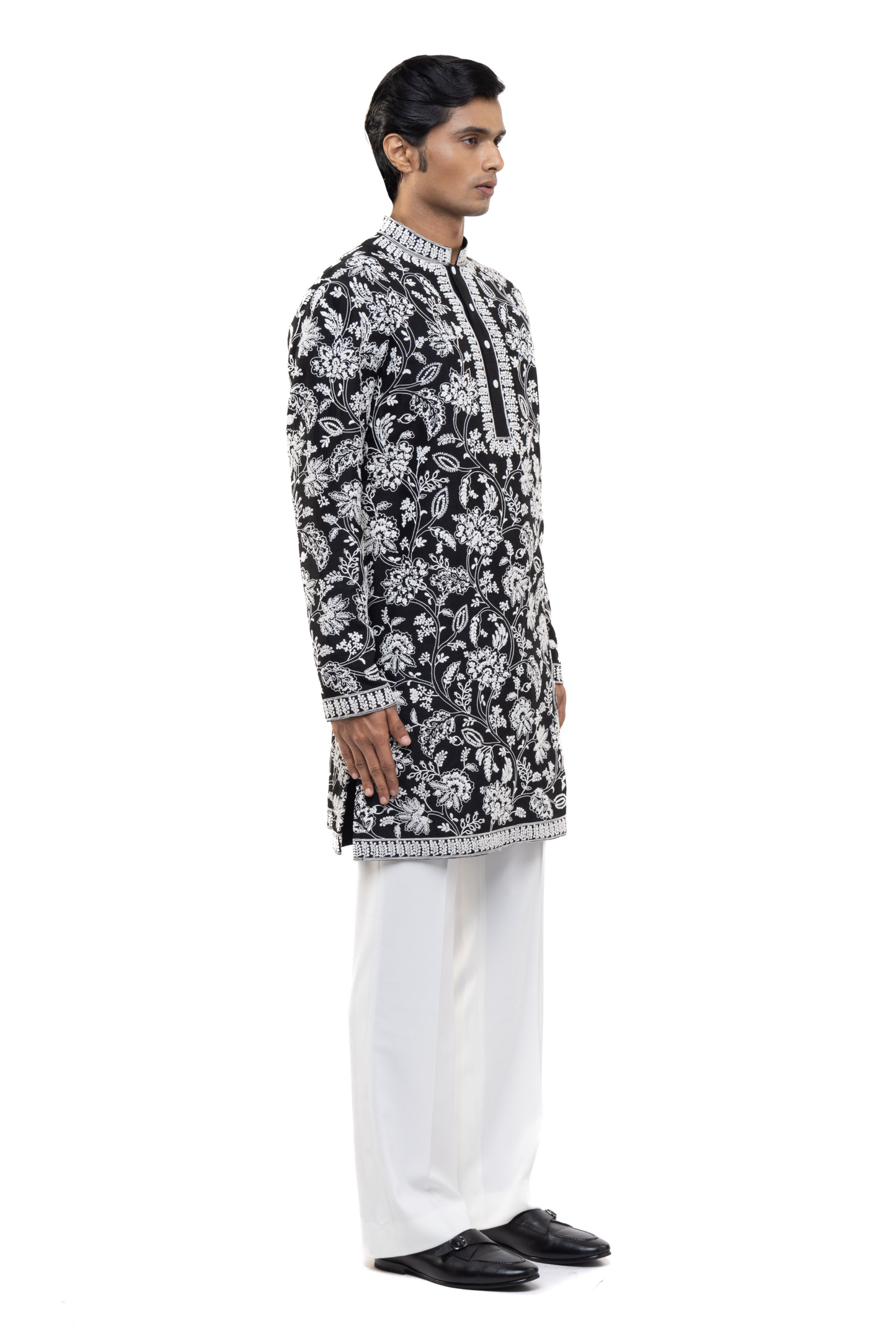 Black & White Silk Floral Embroidery Kurta Set