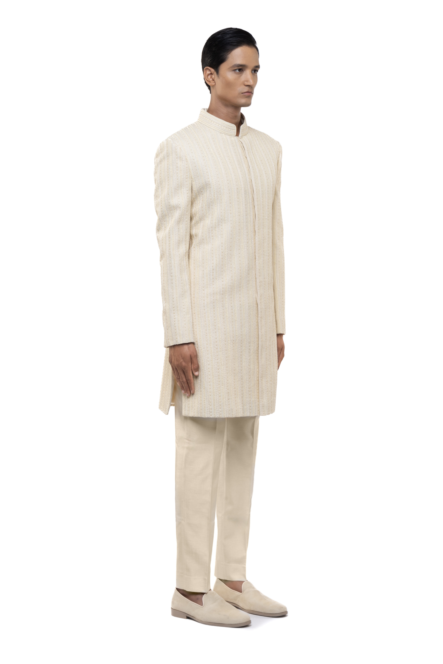 Off-White Silk Stitchline Embroidered Sherwani Set