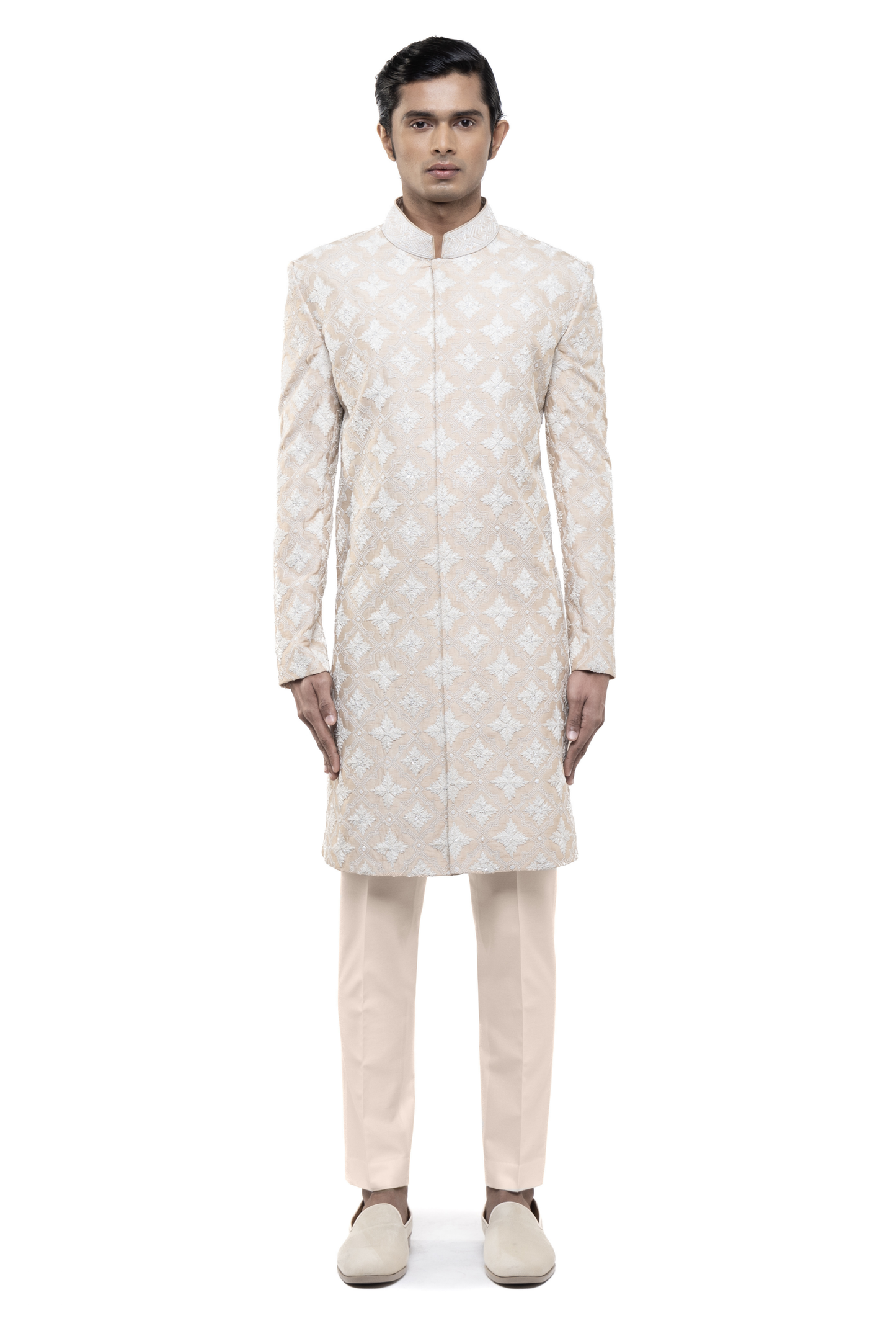 Beige & White Silk Dori Embroidery Sherwani Set