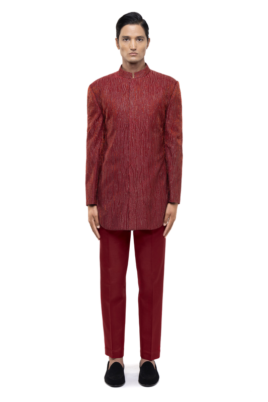 Red Silk Metallic Threads Embroidered Sherwani Set