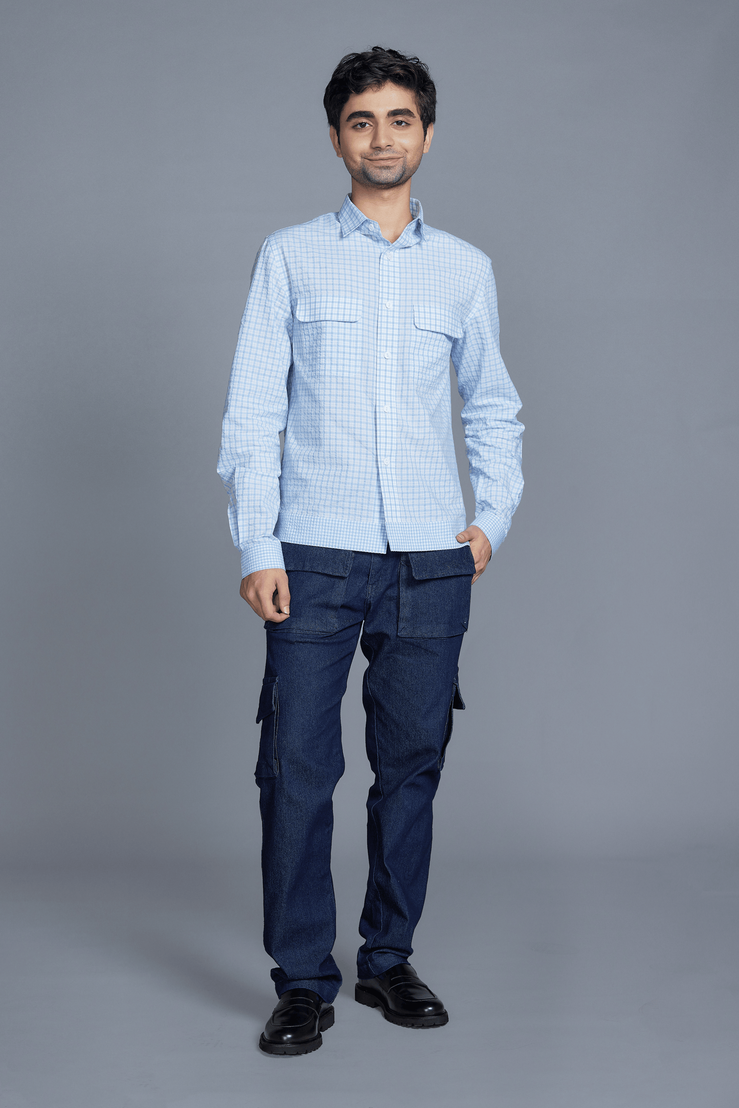 White & Light Blue Checkered Shirt