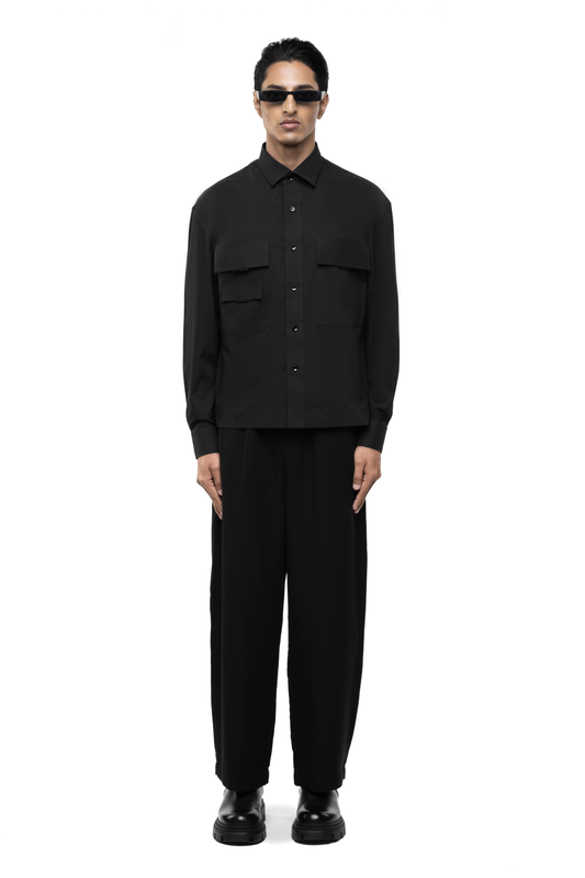 Black Cotton Shirt with Asymmetrical Pockets