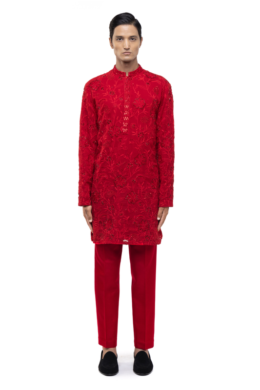 Red Floral Embroidery Kurta Set