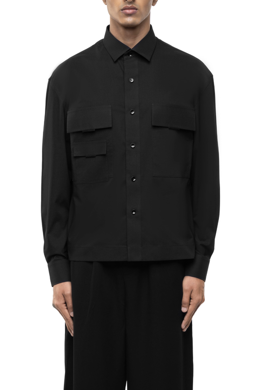 Black Cotton Shirt with Asymmetrical Pockets