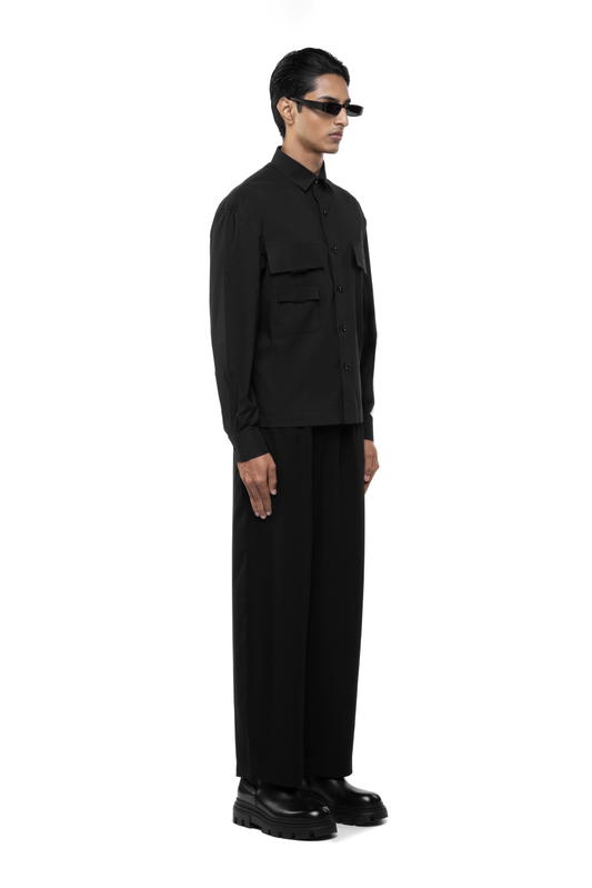 Black Cotton Shirt with Asymmetrical Pockets