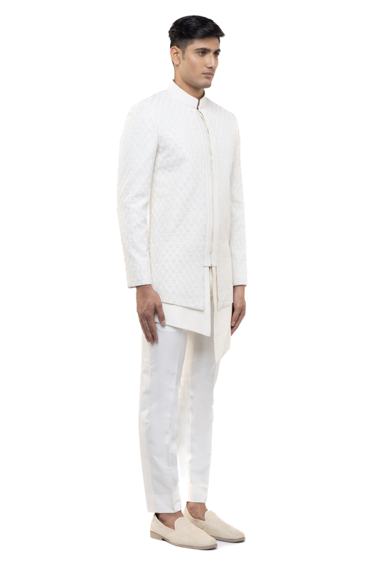 Ivory Silk Beaded Embroidery Asymmetric Hem Sherwani Set