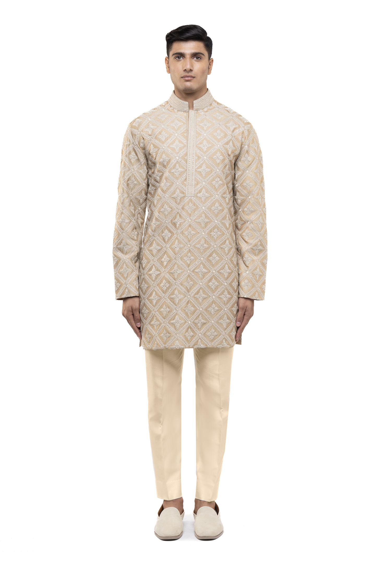 Beige Silk Geometric Dori Embroidered Kurta Set