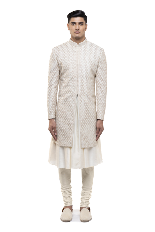 Off-White Silk Stitchline Embroidered Sherwani & Anarkali Kurta Set