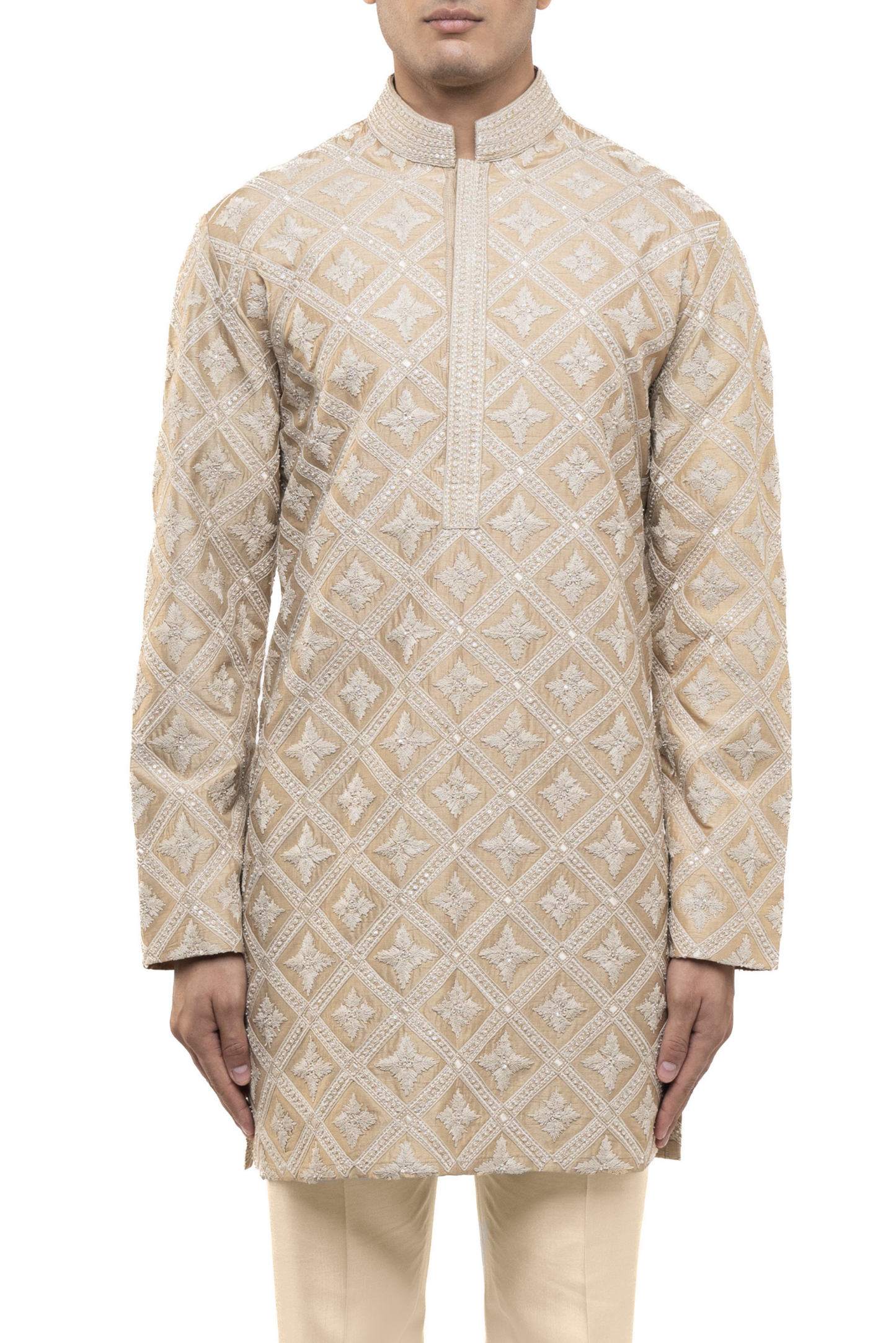 Beige Silk Geometric Dori Embroidered Kurta Set