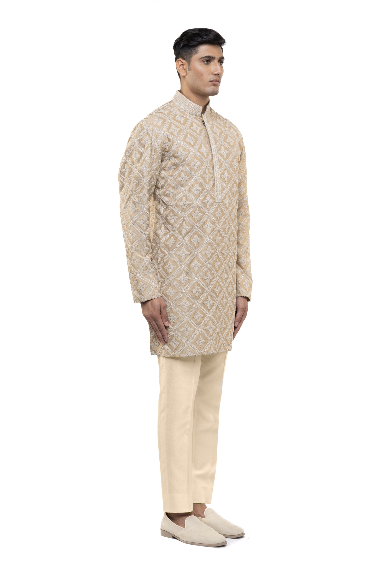 Beige Silk Geometric Dori Embroidered Kurta Set