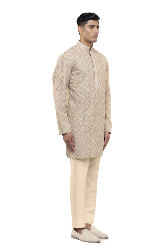 Beige Geometric Dori Embroidered Kurta Set