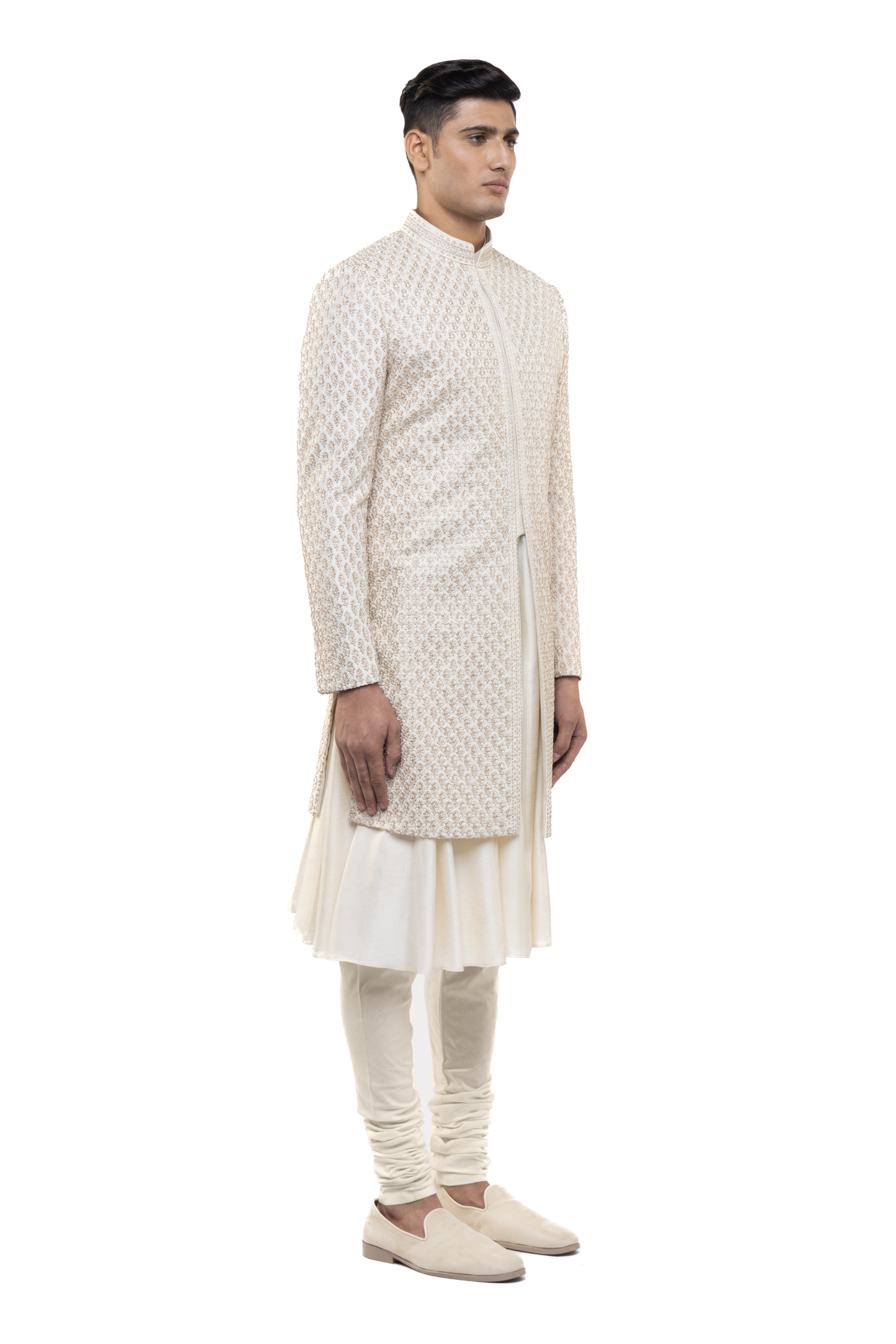 Off-White Silk Stitchline Embroidered Sherwani & Anarkali Kurta Set