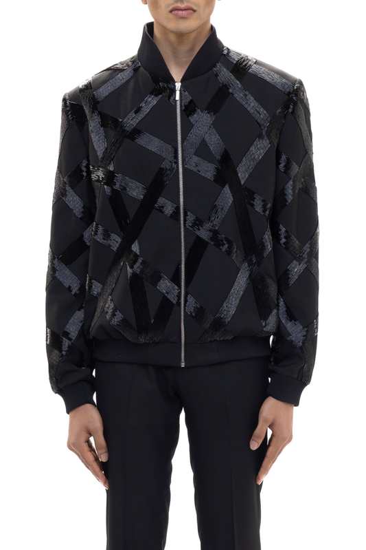 Black Metallic Embroidered Bomber Jacket