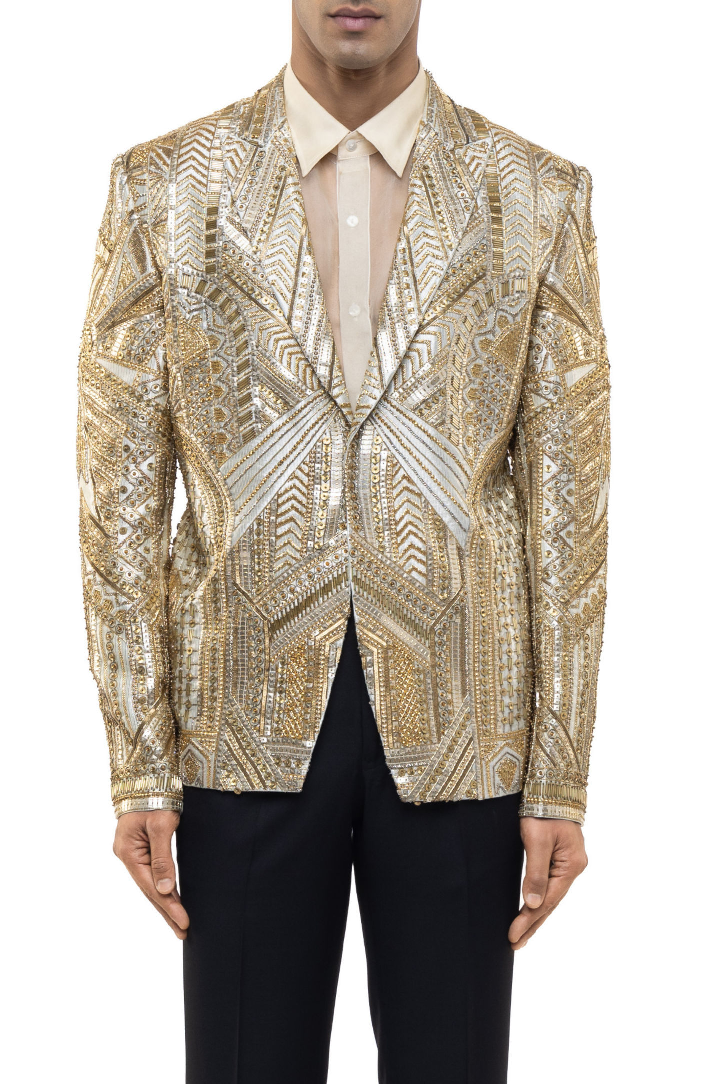 Golden Silk Embroidered Art Deco Tuxedo Set