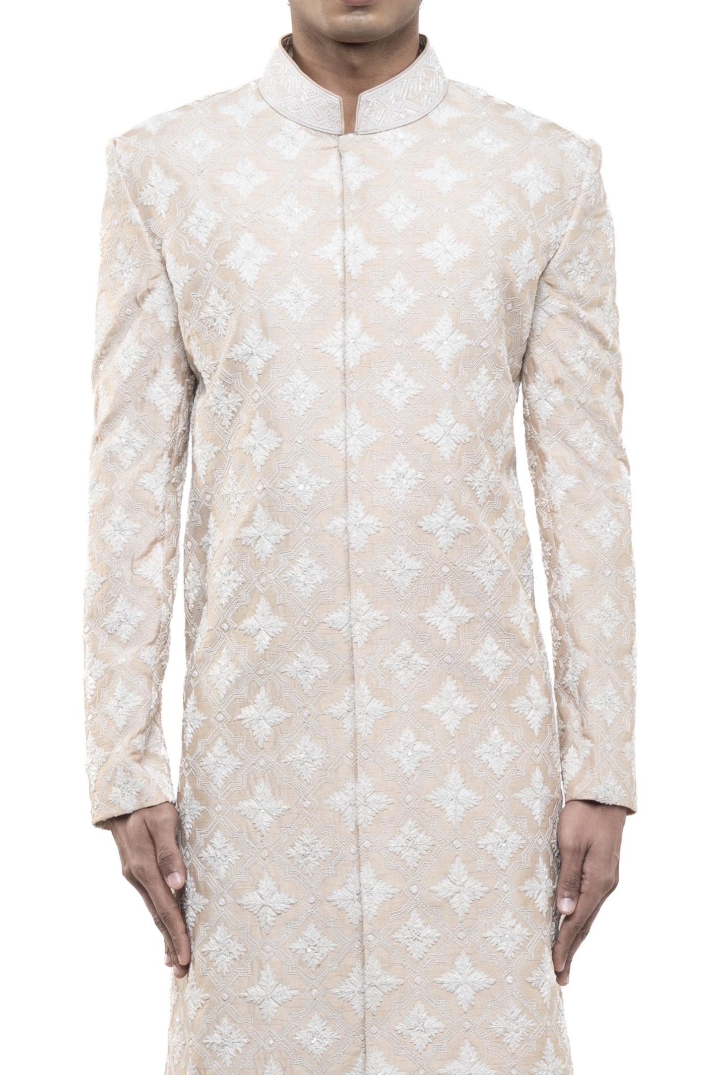 Beige & White Silk Dori Embroidery Sherwani Set