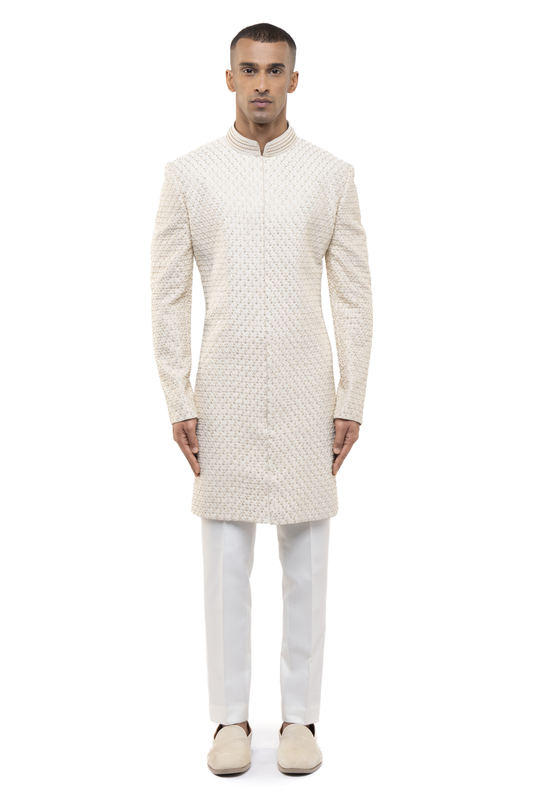 Off-White Silk Beaded Embroidery Sherwani Set