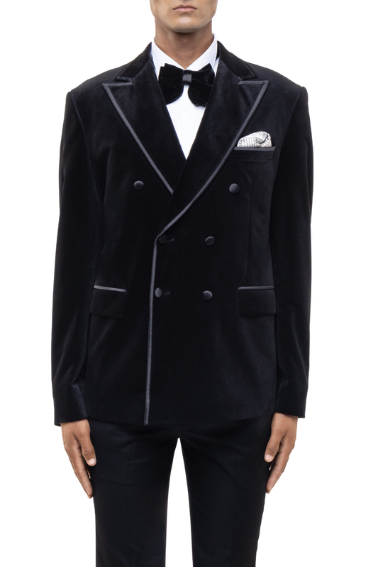 Black Peak Lapel Double Breasted Velvet Tuxedo