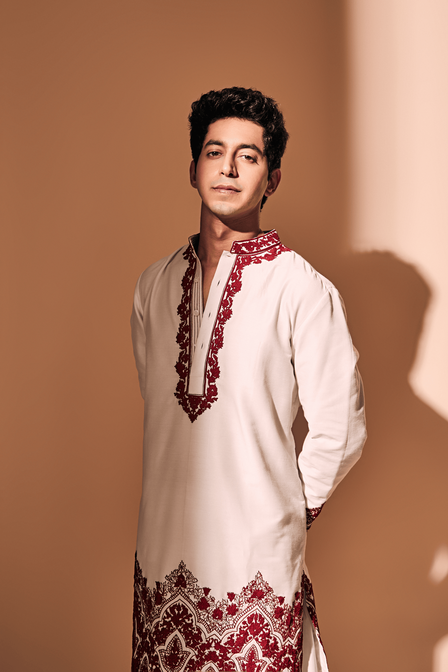 White & Red Silk Dori Embroidery Kurta Set