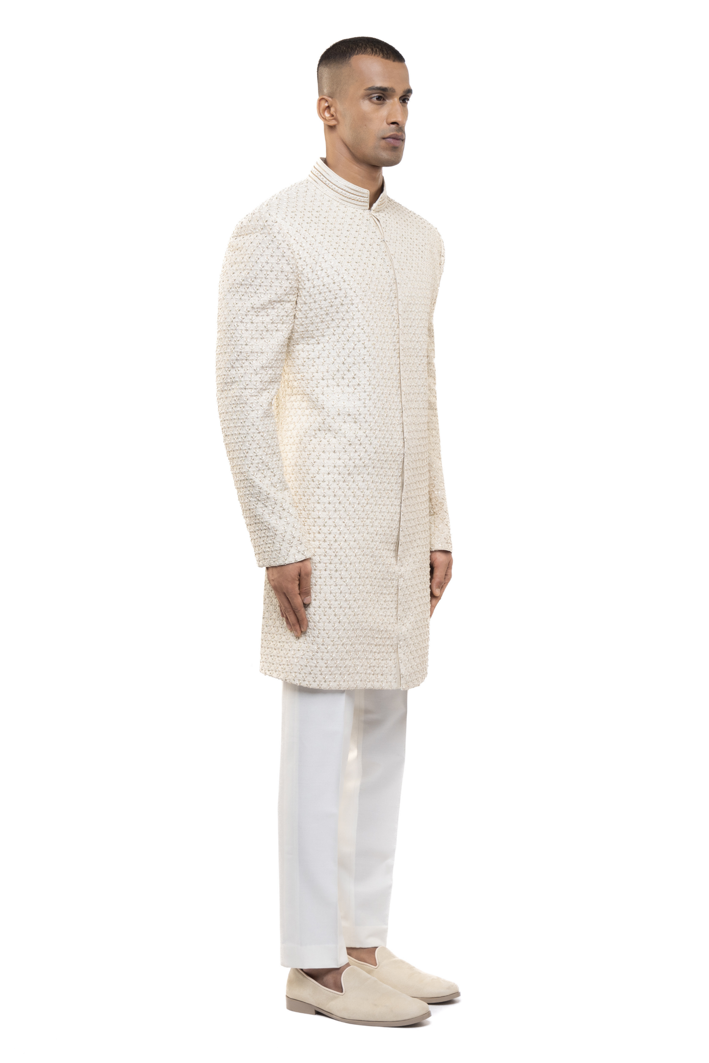 Off-White Silk Beaded Embroidery Sherwani Set