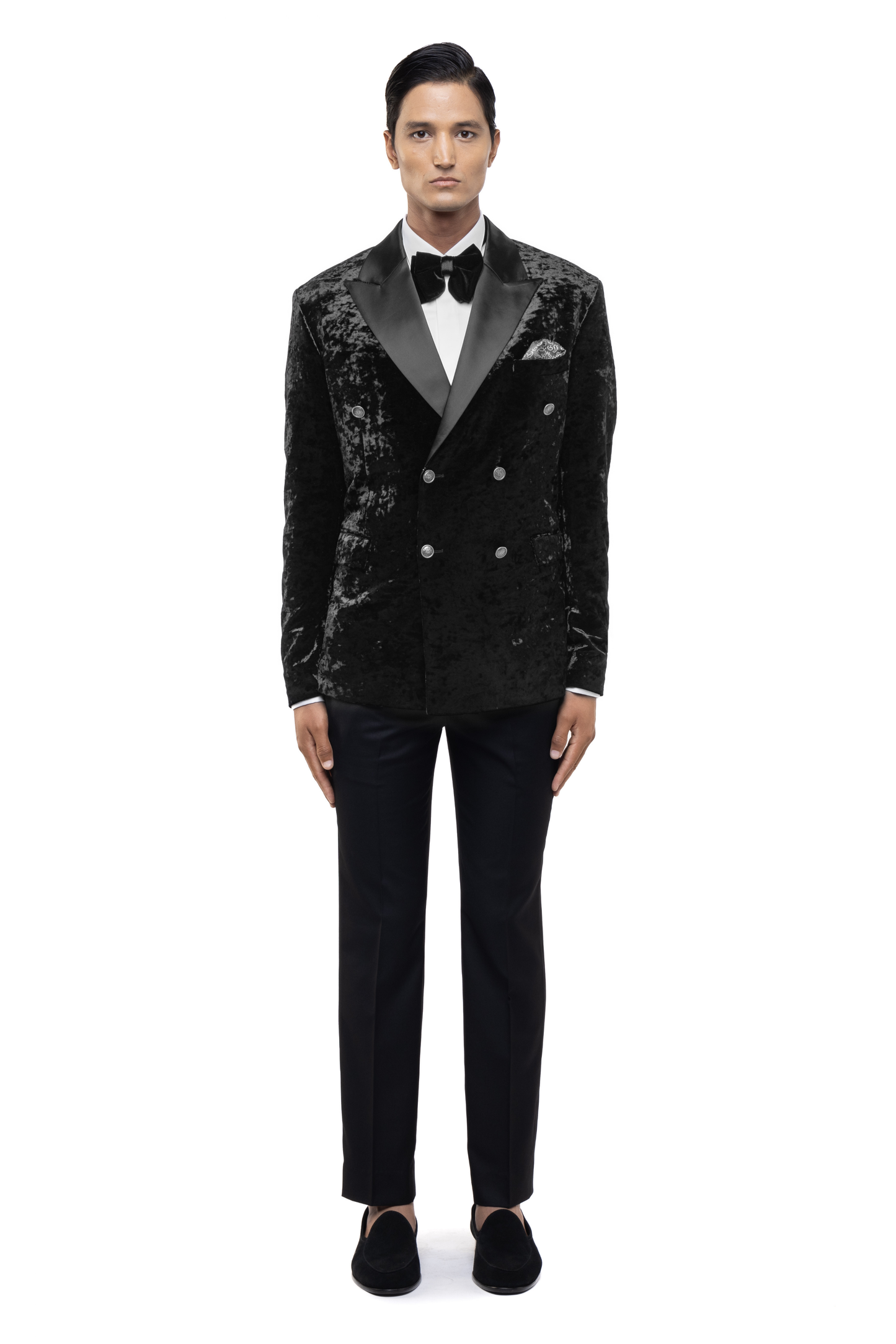 Black Metallic Buttons Peak Lapel Velvet Tuxedo