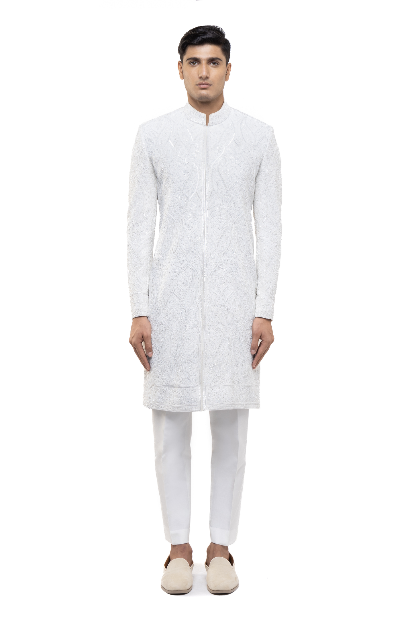 White Silk Paisley Embroidery Sherwani Set