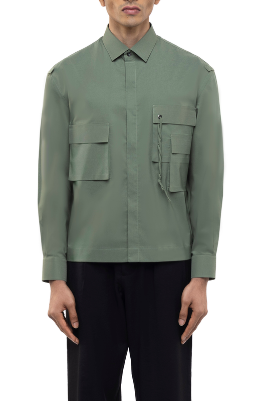 Sage Green Cotton Shirt with Asymmetrical Pockets