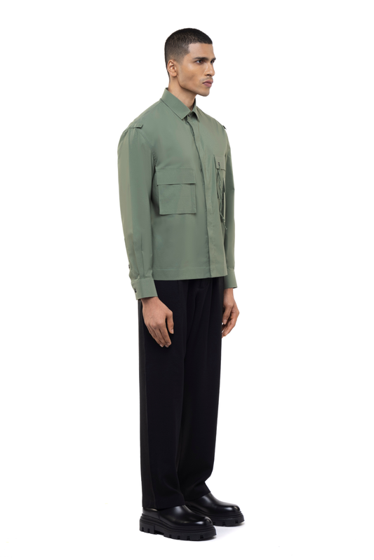 Sage Green Cotton Shirt with Asymmetrical Pockets