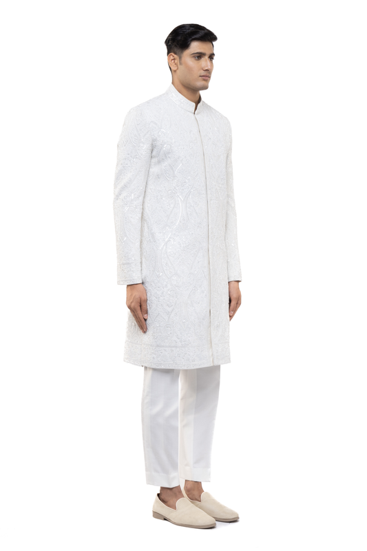 White Silk Paisley Embroidery Sherwani Set