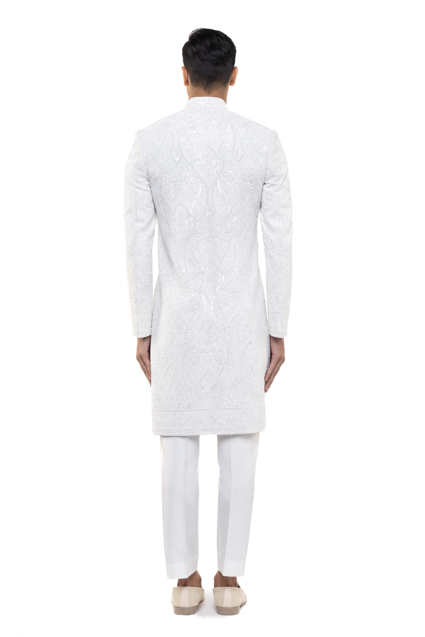 White Silk Paisley Embroidery Sherwani Set