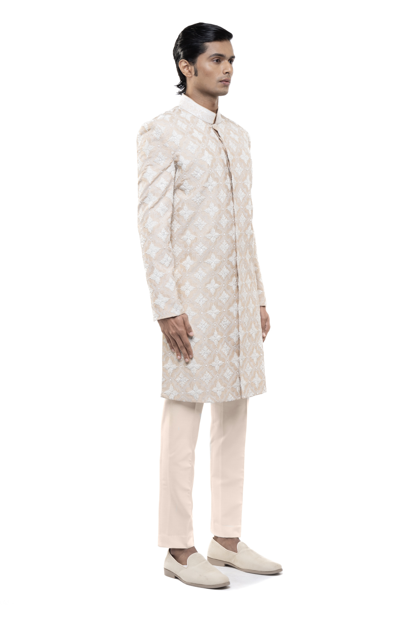 Beige & White Silk Dori Embroidery Sherwani Set