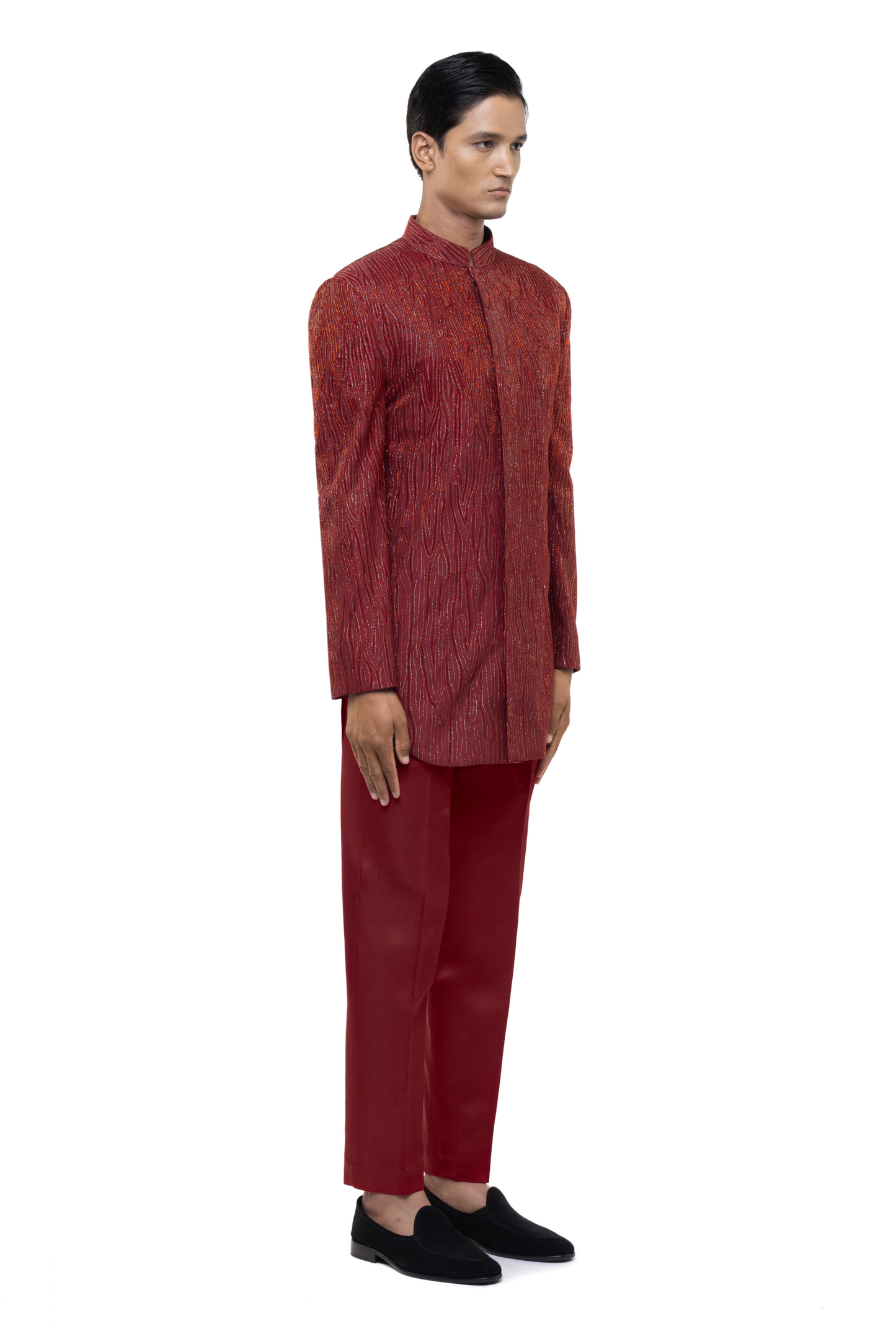 Red Silk Metallic Threads Embroidered Sherwani Set