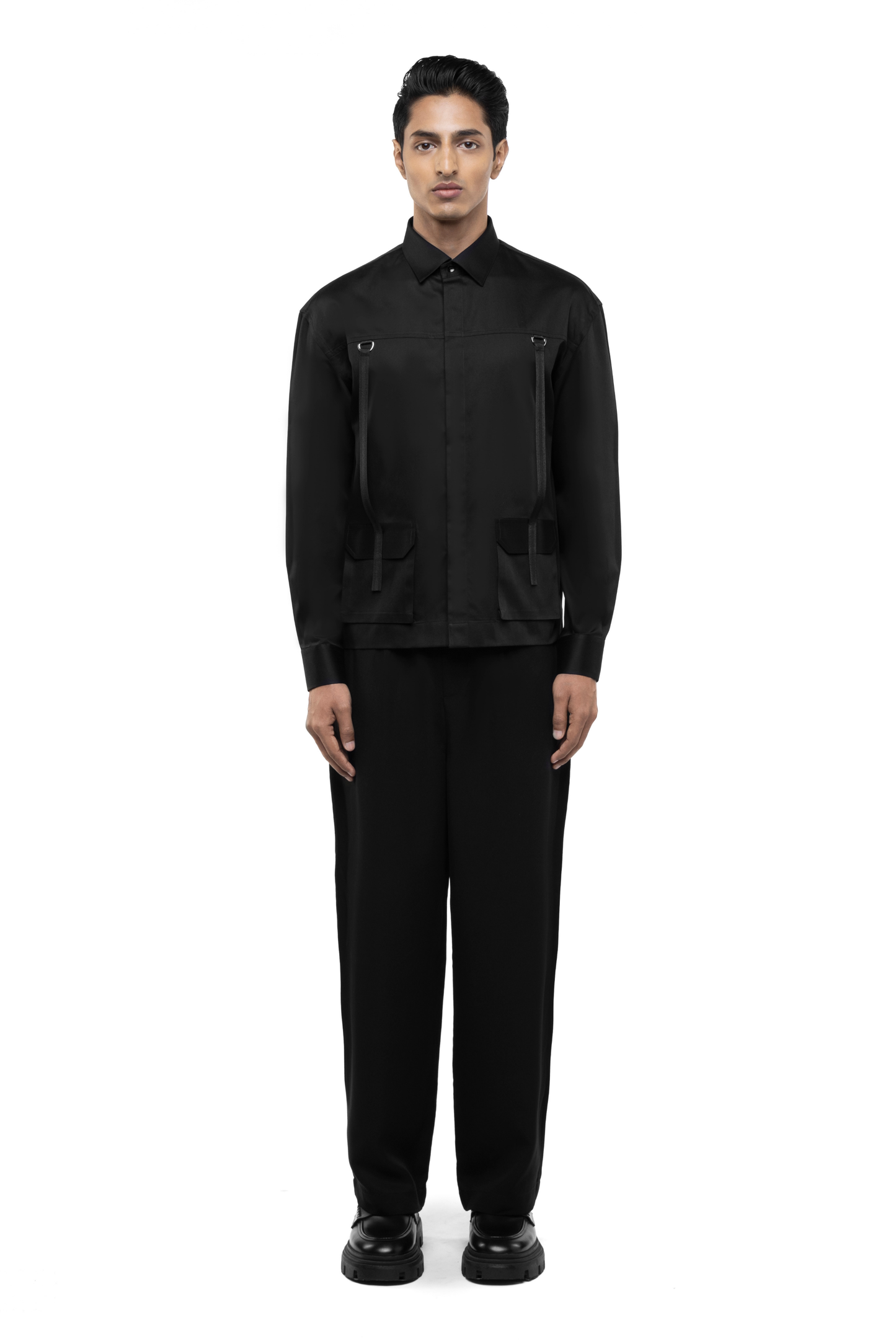 Black Cotton Shirt with Pockets & Twill Accents