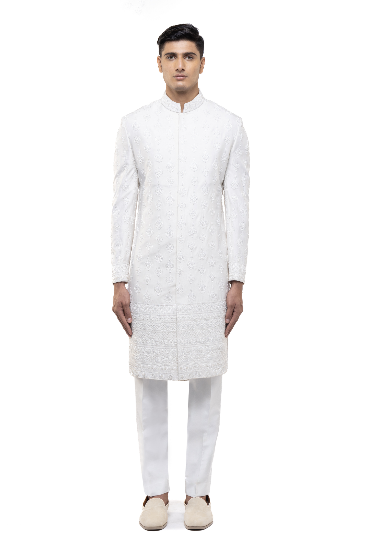 Ivory Silk Mughal Floral Embroidery Sherwani Set