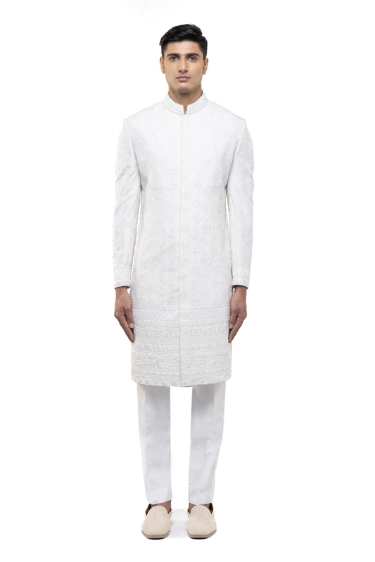 Ivory Silk Mughal Floral Embroidery Sherwani Set