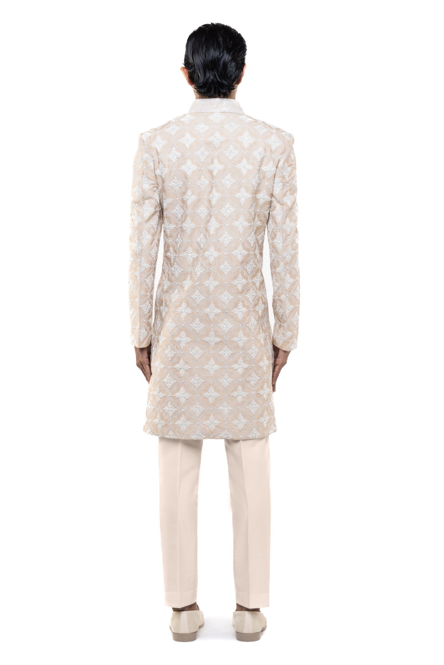 Beige & White Silk Dori Embroidery Sherwani Set