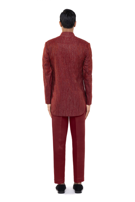 Red Silk Metallic Threads Embroidered Sherwani Set