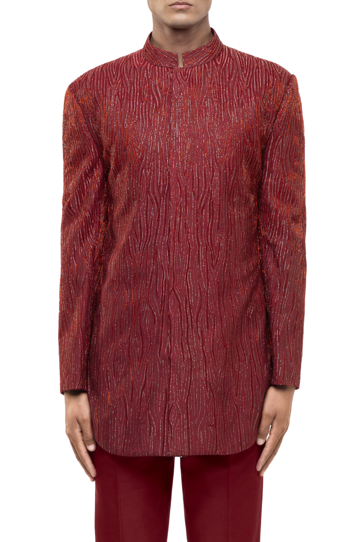 Red Silk Metallic Threads Embroidered Sherwani Set