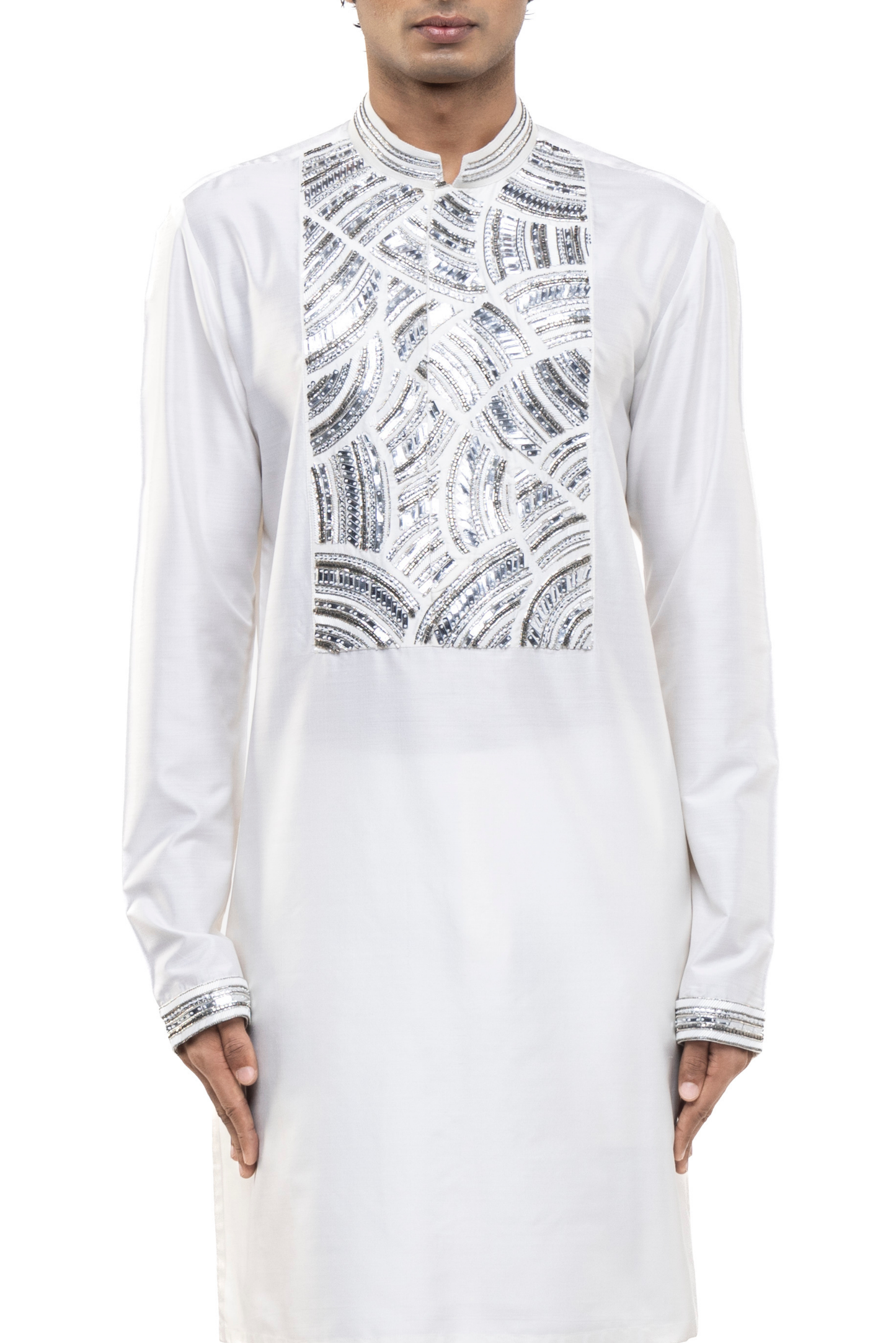 White & Silver Silk Metallic Embroidery Kurta Set