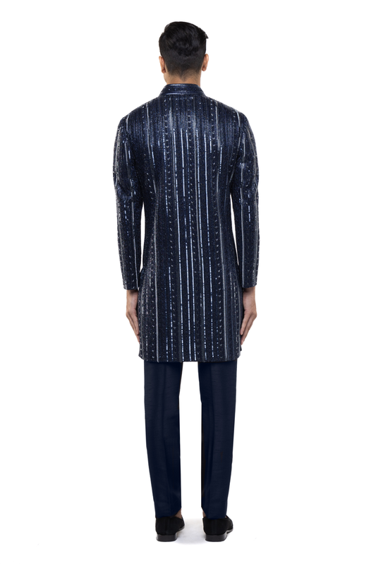 Navy Blue Silk Stitchline Embellished Sherwani Set