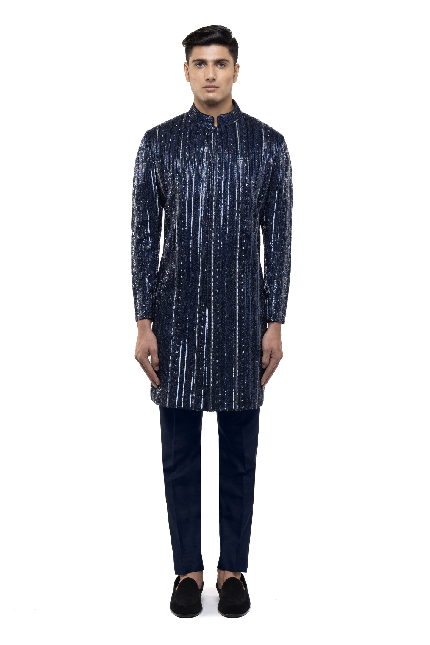 Navy Blue Silk Stitchline Embellished Sherwani Set